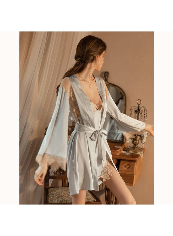 Ultra-Soft Satin Kimono Robe & Nightgown Set - Breathable Lace Trim Sleepwear
