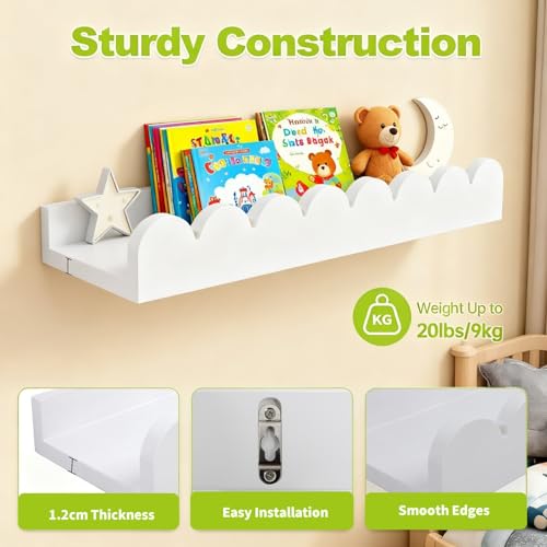 Varbonia Floating Nursery Book Shelves for Wall, 16'' Wood Book Shelf for Baby Boys Girls Bedroom Bathroom and Décor Storage, Wall Shelf for Books, Plants, Toys, Photo Frames (White-Wooden Pegs, 4 Pack) - Image 2