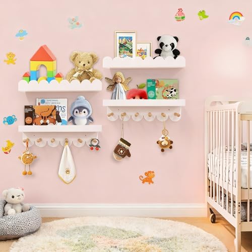 Varbonia Floating Nursery Book Shelves for Wall, 16'' Wood Book Shelf for Baby Boys Girls Bedroom Bathroom and Décor Storage, Wall Shelf for Books, Plants, Toys, Photo Frames (White-Wooden Pegs, 4 Pack) - Image 3
