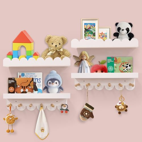 Varbonia Floating Nursery Book Shelves for Wall, 16'' Wood Book Shelf for Baby Boys Girls Bedroom Bathroom and Décor Storage, Wall Shelf for Books, Plants, Toys, Photo Frames (White-Wooden Pegs, 4 Pack) - Image 1