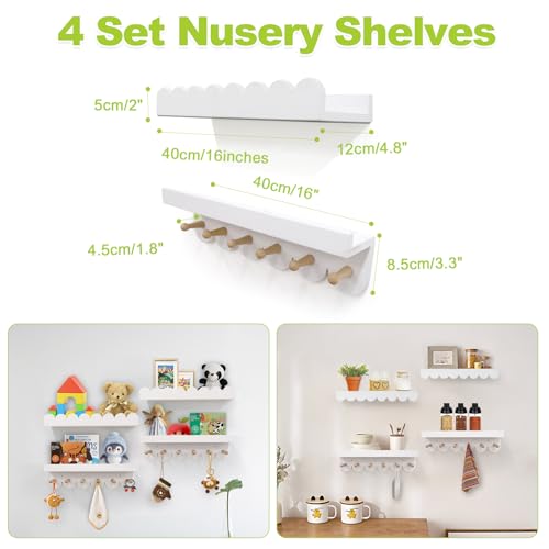 Varbonia Floating Nursery Book Shelves for Wall, 16'' Wood Book Shelf for Baby Boys Girls Bedroom Bathroom and Décor Storage, Wall Shelf for Books, Plants, Toys, Photo Frames (White-Wooden Pegs, 4 Pack) - Image 5