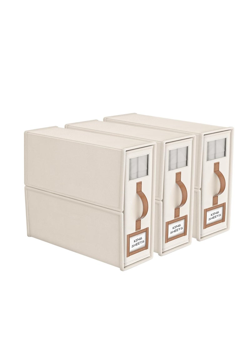 3-Pack Foldable Sheet Set Organizer and Storage (King and Queen), Linen Closet Organizer with Window, Foldable Bedding Organizer for Sheets and Pillow Cube Organizer - Beige  - Image 1