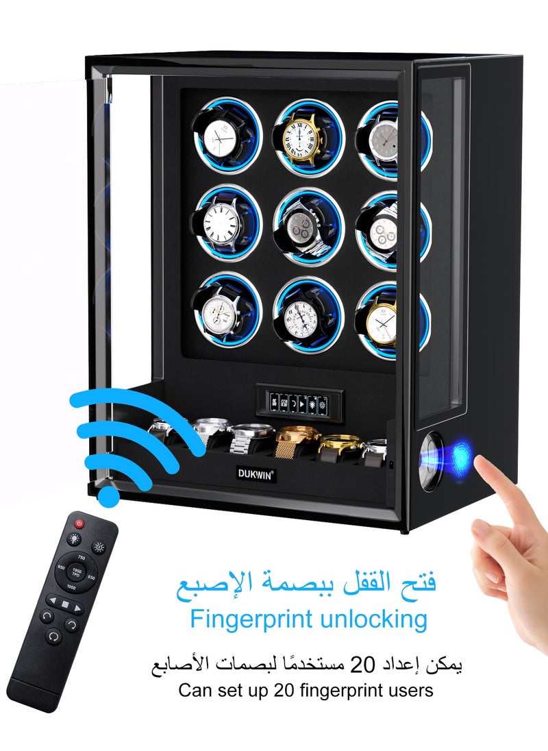Fingerprint Lock Watch Winder with RGB LED Light and 8TPD for 9 Automatic Watches, Watch Winder Box with 6 Watch Holders, LCD Display, Adjustable Watch Pillow for Men and Women,
