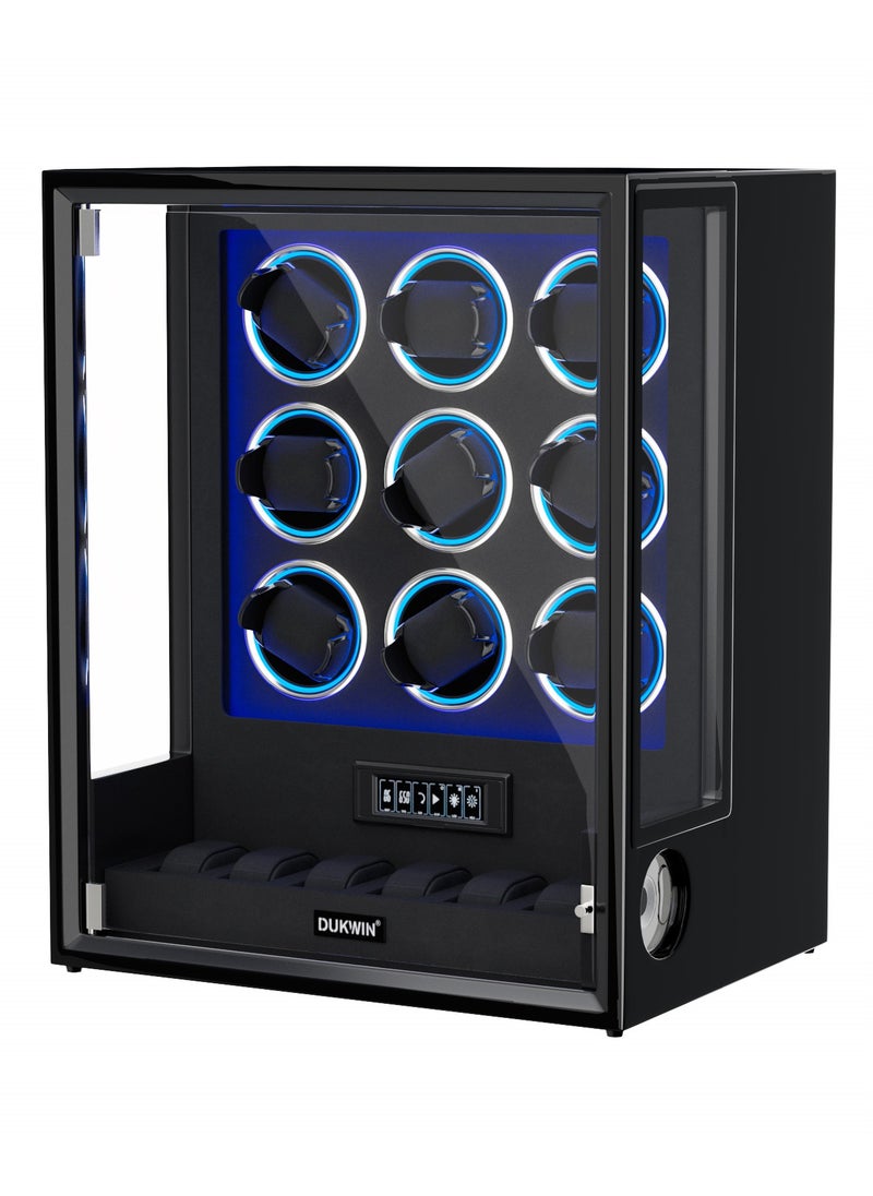 Fingerprint Lock Watch Winder with RGB LED Light and 8TPD for 9 Automatic Watches, Watch Winder Box with 6 Watch Holders, LCD Display, Adjustable Watch Pillow for Men and Women,