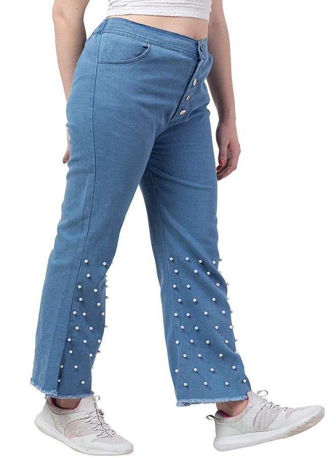 JMP Girl's Pearl Style Dark Blue Denim Palazzo Jeans & Plain Regular Fit Jeans Light Blue Denim Palazzo (32)-(Pack of 02) - Image 4