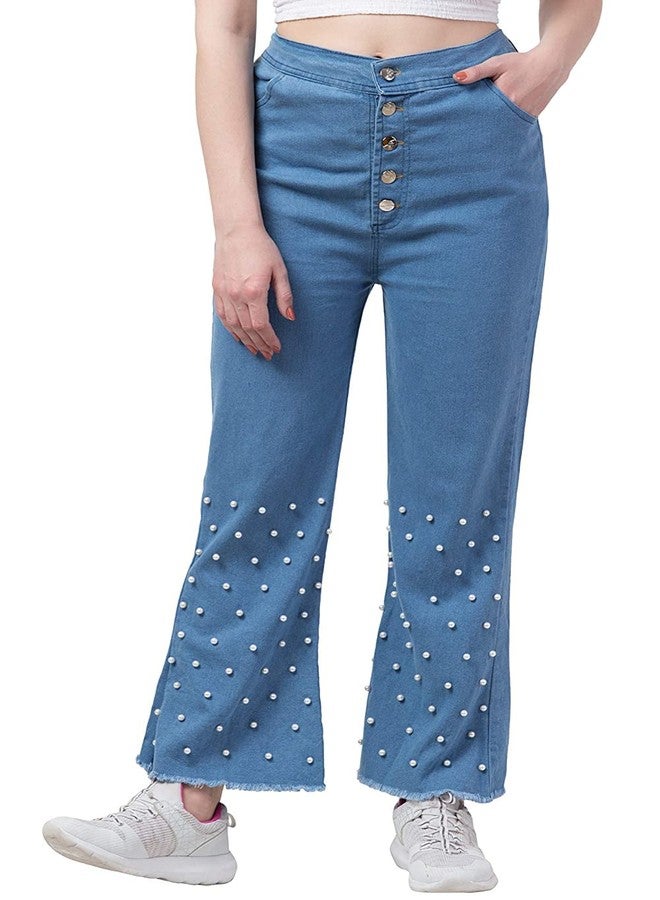 JMP Girl's Pearl Style Dark Blue Denim Palazzo Jeans & Plain Regular Fit Jeans Light Blue Denim Palazzo (32)-(Pack of 02) - Image 2