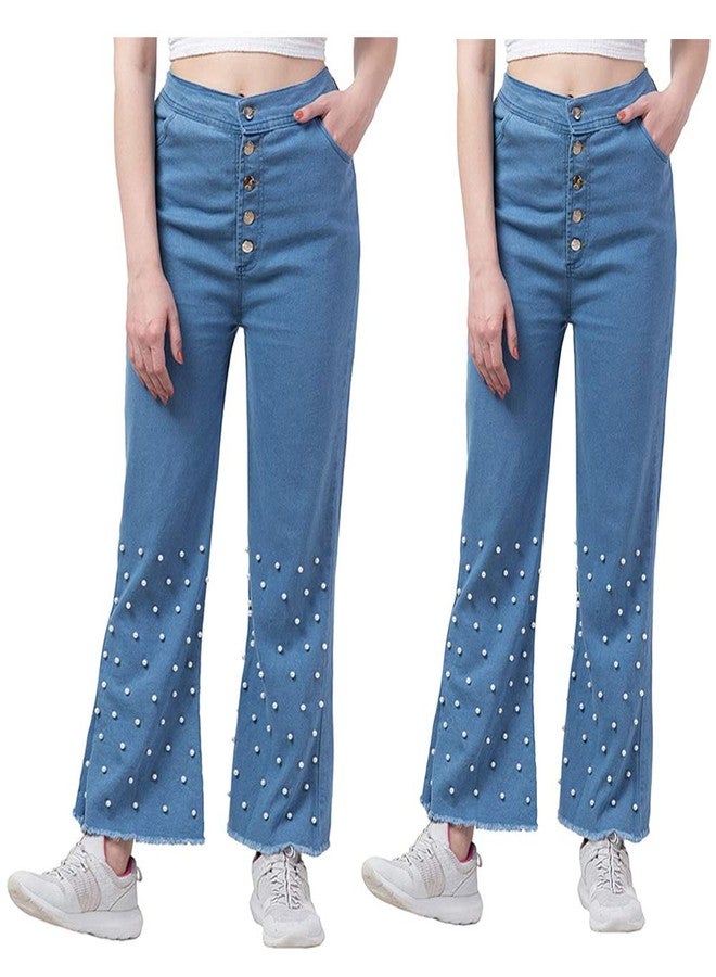 JMP Girl's Pearl Style Dark Blue Denim Palazzo Jeans & Plain Regular Fit Jeans Light Blue Denim Palazzo (32)-(Pack of 02) - Image 1