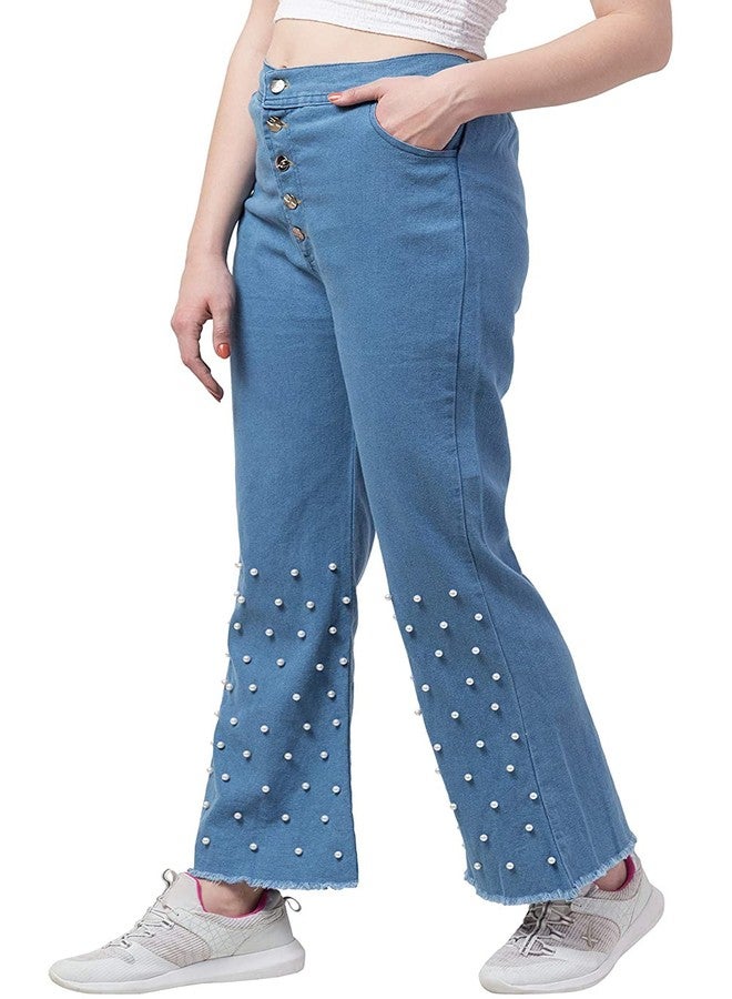JMP Girl's Pearl Style Dark Blue Denim Palazzo Jeans & Plain Regular Fit Jeans Light Blue Denim Palazzo (32)-(Pack of 02) - Image 3