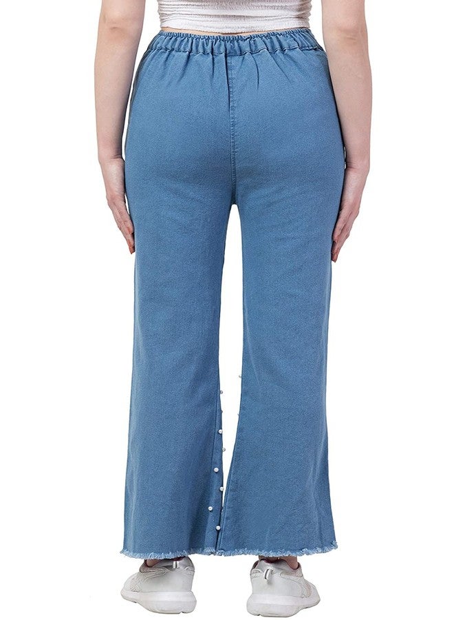 JMP Girl's Pearl Style Dark Blue Denim Palazzo Jeans & Plain Regular Fit Jeans Light Blue Denim Palazzo (32)-(Pack of 02) - Image 5