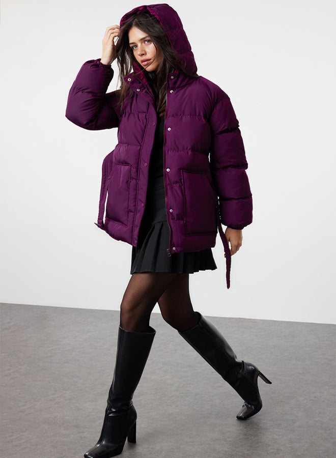 trendyol جاكيت بافر مقاوم للماء مع غطاء وحزام - برقوق عادي - Image 2