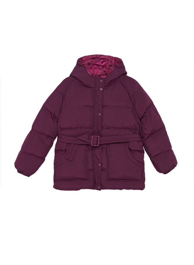 trendyol جاكيت بافر مقاوم للماء مع غطاء وحزام - برقوق عادي - Image 5