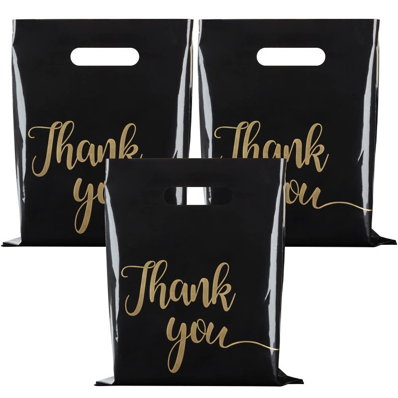 ZORRITA 100 Pack Thank You Bags for Small Business 9 x 12 Inch Plastic Shopping Bags with Handles Retail Merchandise Bag Extra Thick Gift Bag Bulk Black