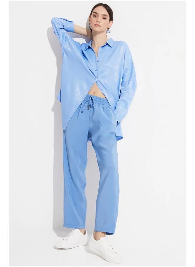 JUNE June Women Exclusive Elastic Waist Modal Blend Jogger Woven Trouser Blue