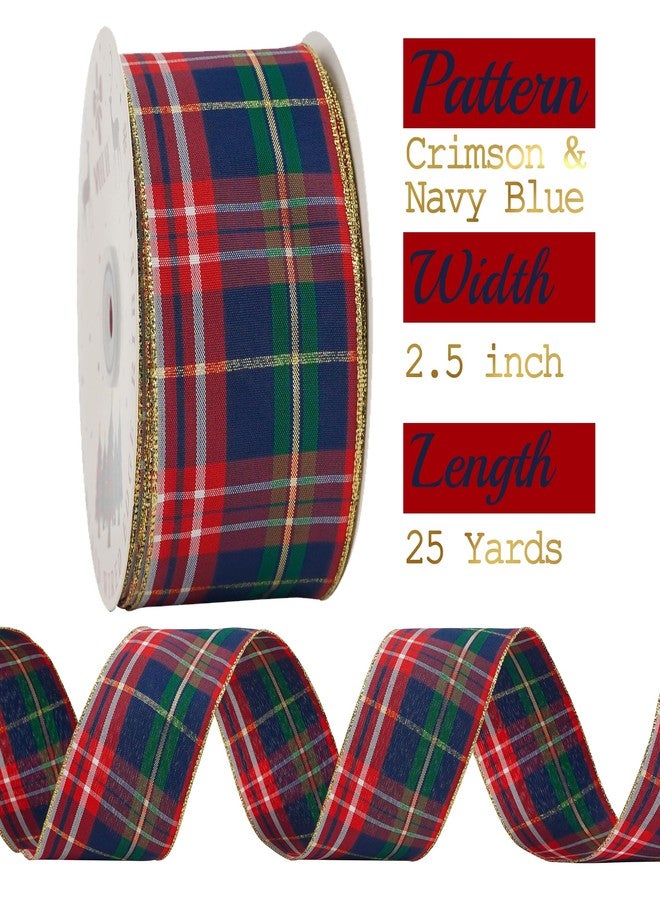 MEEDEE Tartan Plaid Wired Ribbon 2-1/2" Wide with 25 Yards Red Crimson & Navy Blue Scottish Plaid with Metallic Threads Ribbon for Christmas Tree, Wreaths, Bows, Gift Wrap, Weddings, Holiday Crafts - Image 2