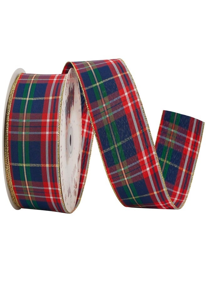 MEEDEE Tartan Plaid Wired Ribbon 2-1/2" Wide with 25 Yards Red Crimson & Navy Blue Scottish Plaid with Metallic Threads Ribbon for Christmas Tree, Wreaths, Bows, Gift Wrap, Weddings, Holiday Crafts - Image 1