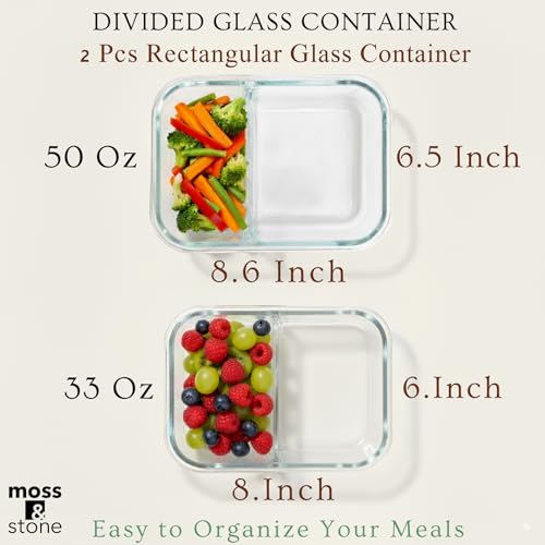 Moss & Stone 4-Pack Divided Kitchen Glass Food Storage Containers Set with Lids – Reusable 2-Compartment Glass Meal Prep Containers for Kitchen, Lunch or Fridge, Airtight Snap-Lock – 2 Sizes Included - Image 3
