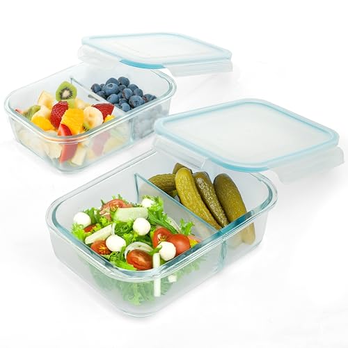 Moss & Stone 4-Pack Divided Kitchen Glass Food Storage Containers Set with Lids – Reusable 2-Compartment Glass Meal Prep Containers for Kitchen, Lunch or Fridge, Airtight Snap-Lock – 2 Sizes Included - Image 1
