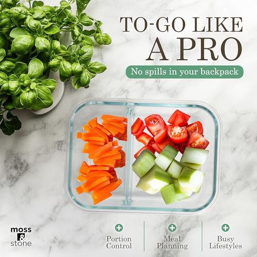 Moss & Stone 4-Pack Divided Kitchen Glass Food Storage Containers Set with Lids – Reusable 2-Compartment Glass Meal Prep Containers for Kitchen, Lunch or Fridge, Airtight Snap-Lock – 2 Sizes Included - Image 5