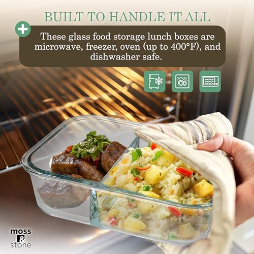 Moss & Stone 4-Pack Divided Kitchen Glass Food Storage Containers Set with Lids – Reusable 2-Compartment Glass Meal Prep Containers for Kitchen, Lunch or Fridge, Airtight Snap-Lock – 2 Sizes Included - Image 4