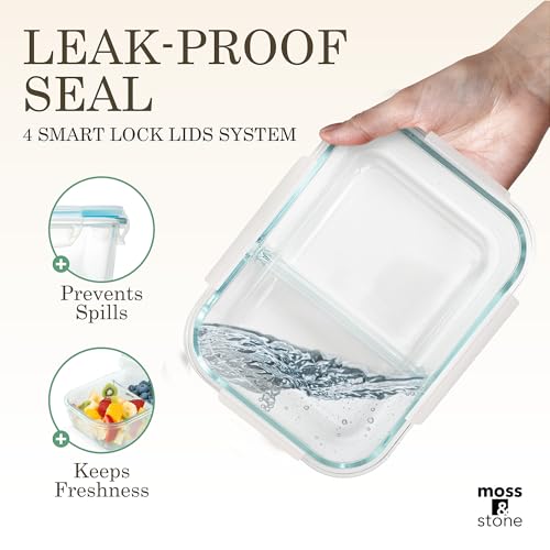 Moss & Stone 4-Pack Divided Kitchen Glass Food Storage Containers Set with Lids – Reusable 2-Compartment Glass Meal Prep Containers for Kitchen, Lunch or Fridge, Airtight Snap-Lock – 2 Sizes Included - Image 2