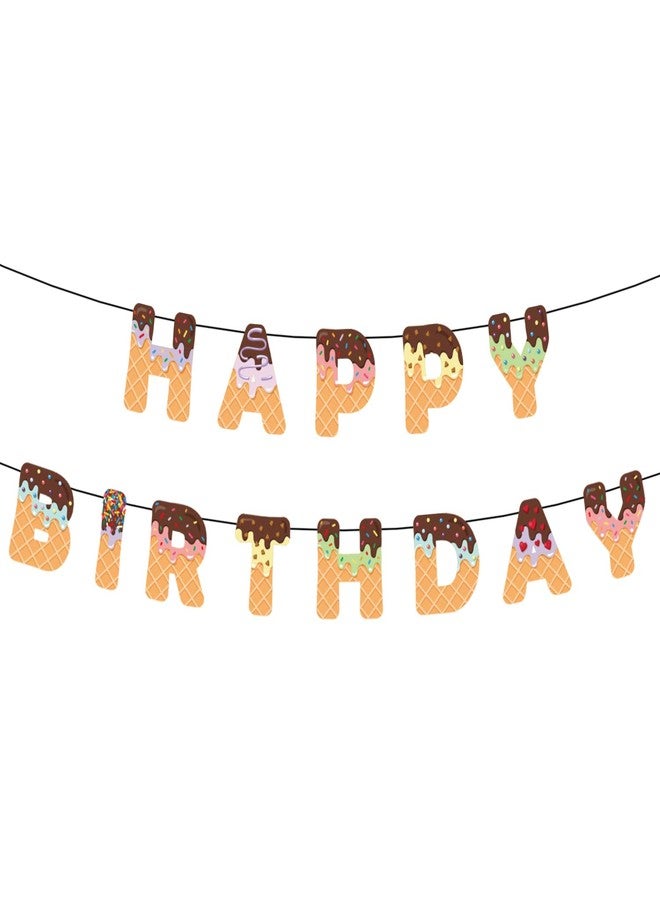 lasuroa Ice Cream Happy Birthday Banner, Pre-Strung Summer Birthday Banner Ice Cream Party Decorations for Kids Adults Baby Shower Photo Props - Image 1