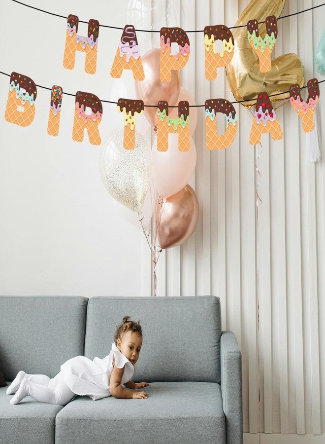 lasuroa Ice Cream Happy Birthday Banner, Pre-Strung Summer Birthday Banner Ice Cream Party Decorations for Kids Adults Baby Shower Photo Props - Image 4