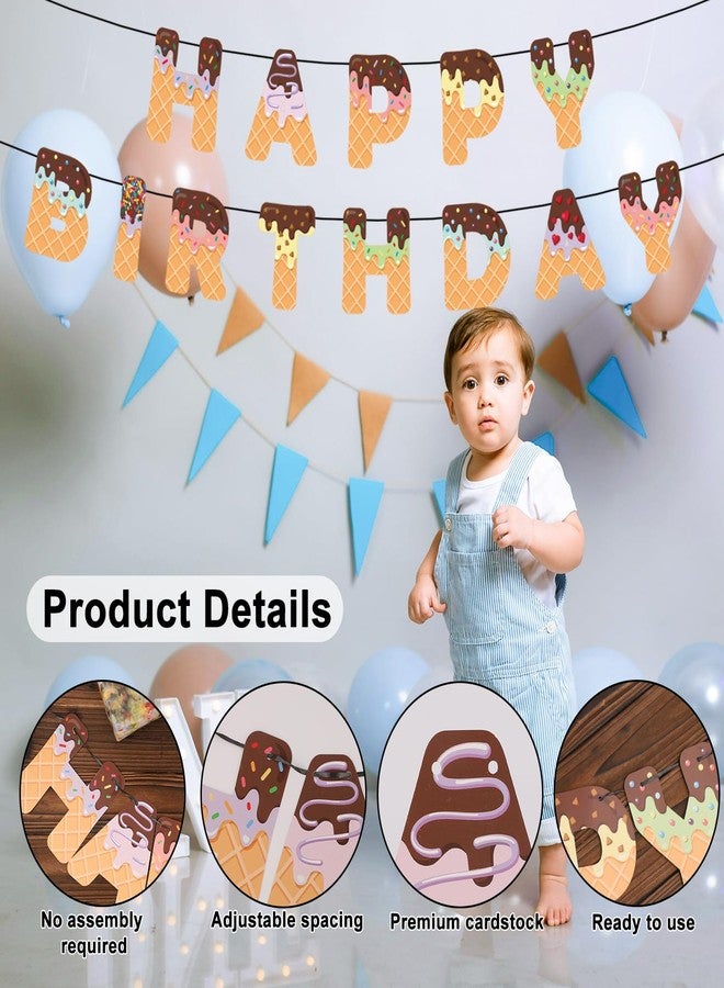 lasuroa Ice Cream Happy Birthday Banner, Pre-Strung Summer Birthday Banner Ice Cream Party Decorations for Kids Adults Baby Shower Photo Props - Image 3