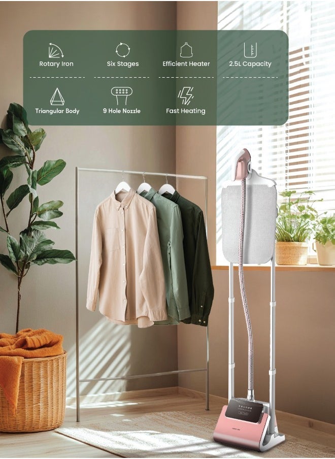 GREEN LION - Digital Garment Steamer With UK Power Cord, Efficient Heater, Strong Steam, 9 Hole Muzzle,Rotary Iron, 98℃ Outlet Steam Temperature, Six Setting Stages, Shoulder-Shaped Design - Pink - Image 1