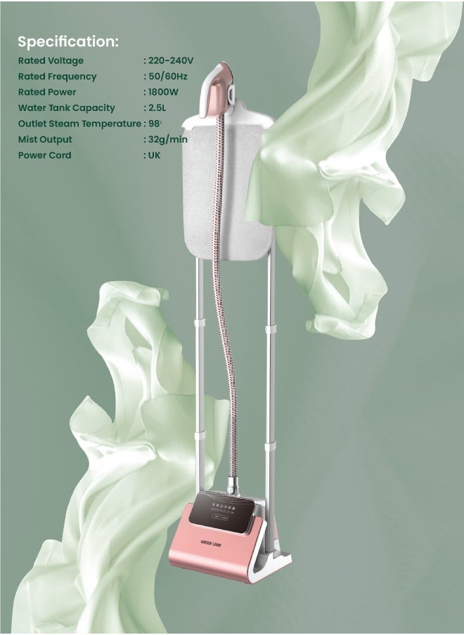 GREEN LION - Digital Garment Steamer With UK Power Cord, Efficient Heater, Strong Steam, 9 Hole Muzzle,Rotary Iron, 98℃ Outlet Steam Temperature, Six Setting Stages, Shoulder-Shaped Design - Pink - Image 1