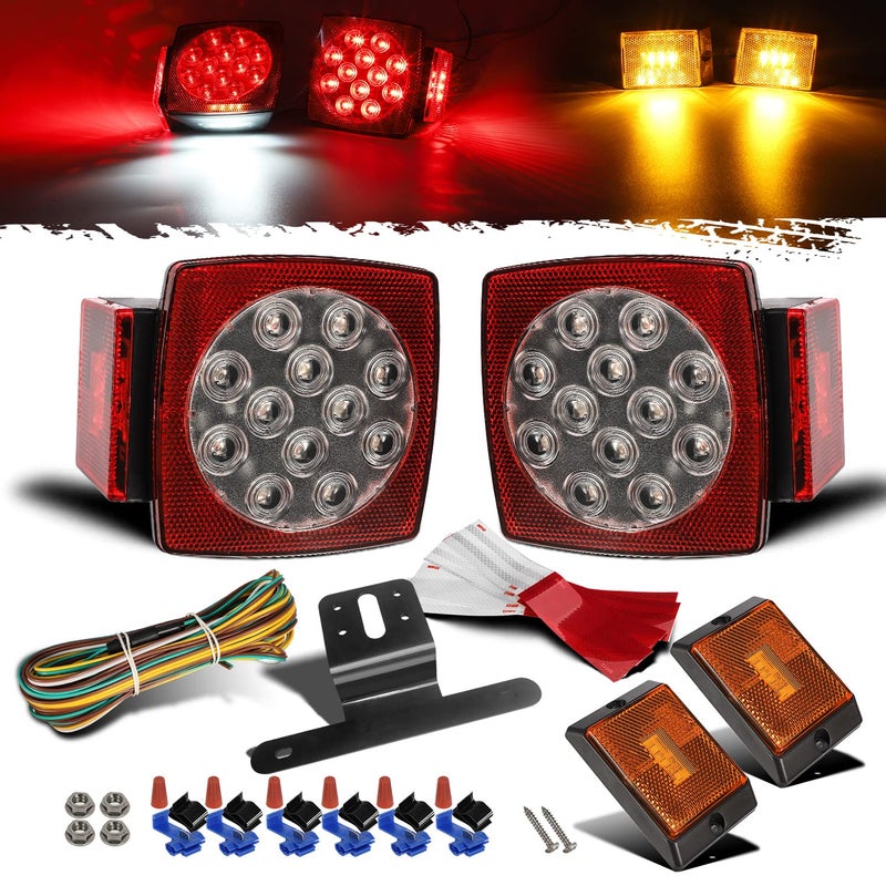 Partsam 12V Waterproof Square LED Trailer Tail Light Kit Clear Lens Red Trailer Brake Stop Tail Turn Signal Running Lights License Kit for Camper Truck RV Boat Trailer Snowmobile Marine Under 80
