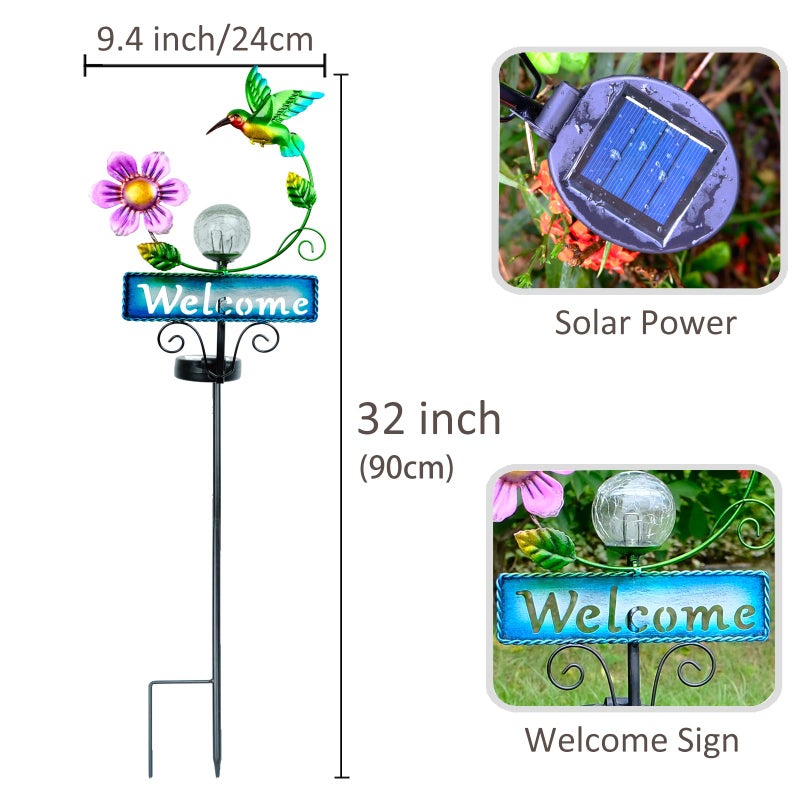 FOMOMDI Outdoor Solar Garden Lights with Welcome Sign, Hummingbird Ornament Metal Stake Lights for Lawn, Patio, Cracked Glass Balls (Hummingbird) - Image 4