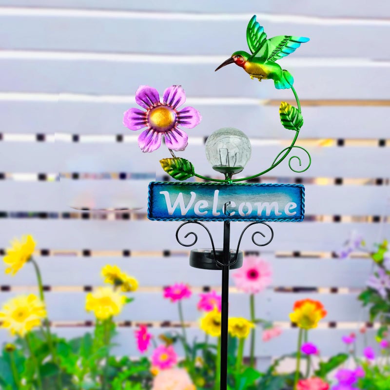 FOMOMDI Outdoor Solar Garden Lights with Welcome Sign, Hummingbird Ornament Metal Stake Lights for Lawn, Patio, Cracked Glass Balls (Hummingbird) - Image 3