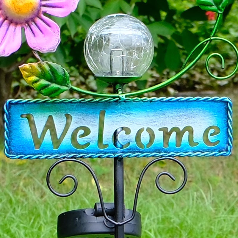 FOMOMDI Outdoor Solar Garden Lights with Welcome Sign, Hummingbird Ornament Metal Stake Lights for Lawn, Patio, Cracked Glass Balls (Hummingbird) - Image 5
