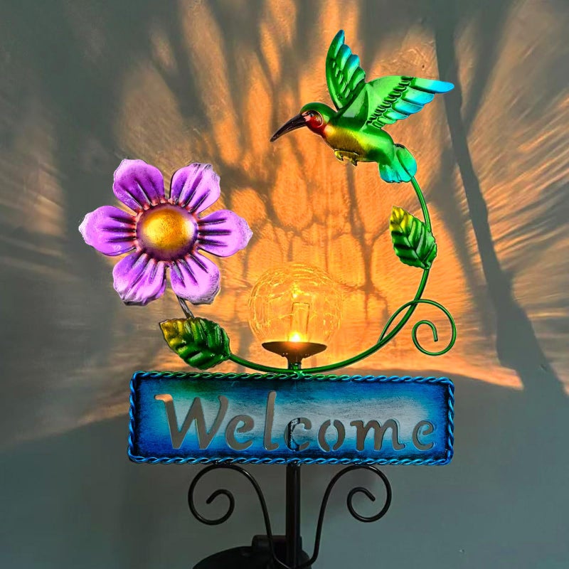 FOMOMDI Outdoor Solar Garden Lights with Welcome Sign, Hummingbird Ornament Metal Stake Lights for Lawn, Patio, Cracked Glass Balls (Hummingbird) - Image 2