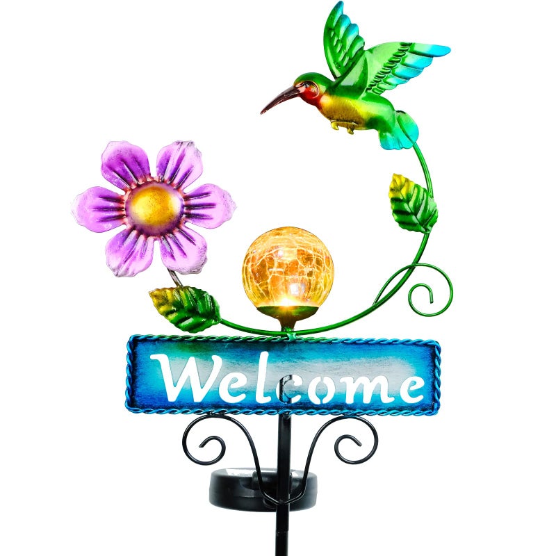 FOMOMDI Outdoor Solar Garden Lights with Welcome Sign, Hummingbird Ornament Metal Stake Lights for Lawn, Patio, Cracked Glass Balls (Hummingbird) - Image 1
