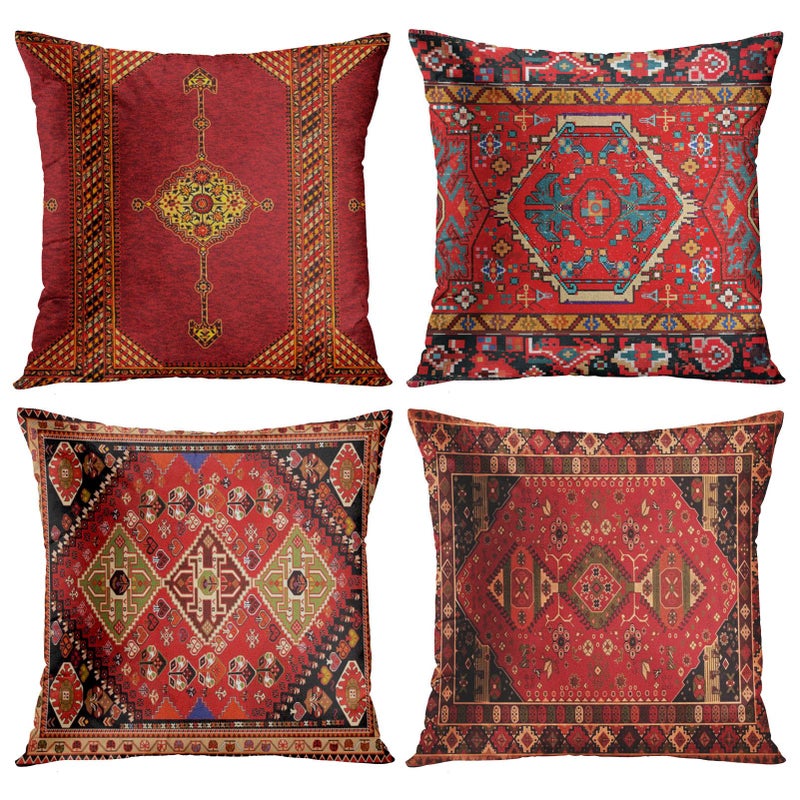 Britimes Britimes Throw Pillow Covers Geometric Kilim Moroccan Home Decor Set of 4 Oriental Ikat Pillow Cases Living Room Decorative 18 x 18 Inches Cushion Couch Sofa Pillowcases Colorful Red Tribal 