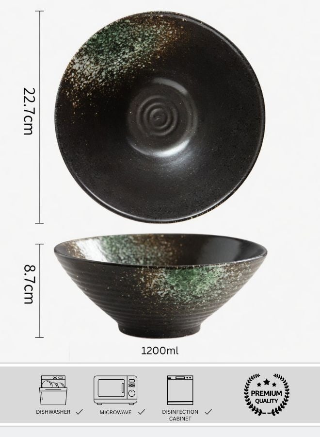 Japanese Style Large Ceramic Ramen Bowl, Black - Emerald Green 1200ml Creative Round Bowl, Heavy High Quality Soup Bowl, Fruit Bowl, Home & Restaurants, Rustic Creative Ramen Bowl - 9 Inch - Image 1