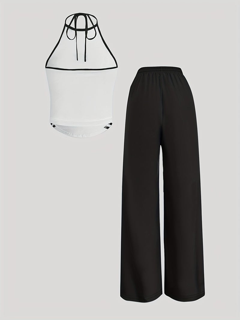 2pcs Stylish Women's Slim Fit Camisole Top and Wide Leg Pants Set - Image 2