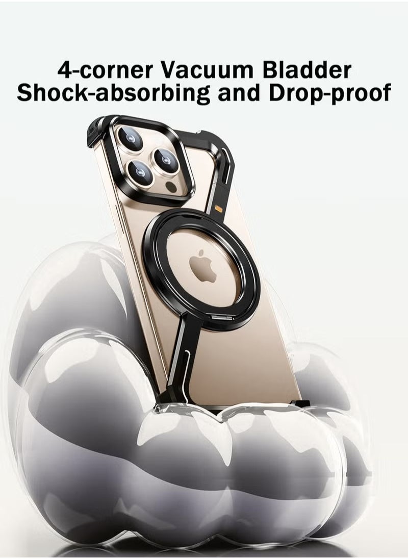 Generic - iPhone 16 Pro Max Case with 360° Rotating Kickstand | Frameless Aluminum Design Bumper Z Case | Shockproof, MagSafe Compatible, Metal Slim Protective Shell Suitable for Black Titanium - Image 1