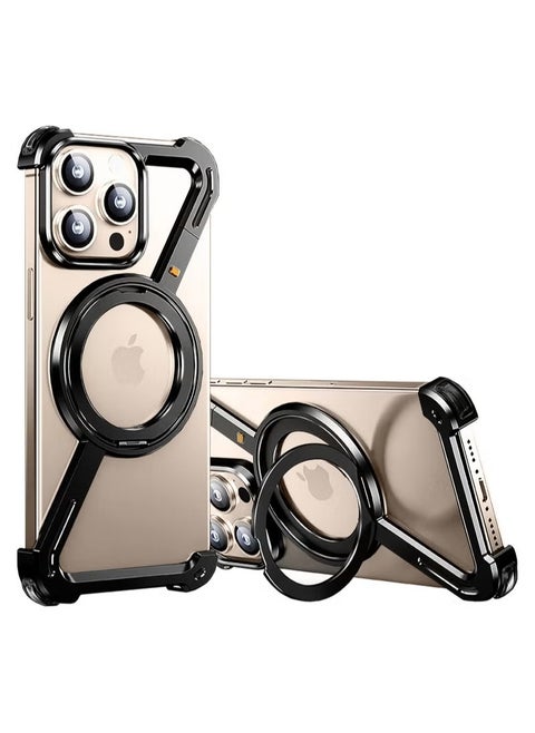 iPhone 16 Pro Max Case with 360° Rotating Kickstand | Frameless Aluminum Design Bumper Z Case | Shockproof, MagSafe Compatible, Metal Slim Protective Shell Suitable for Black Titanium