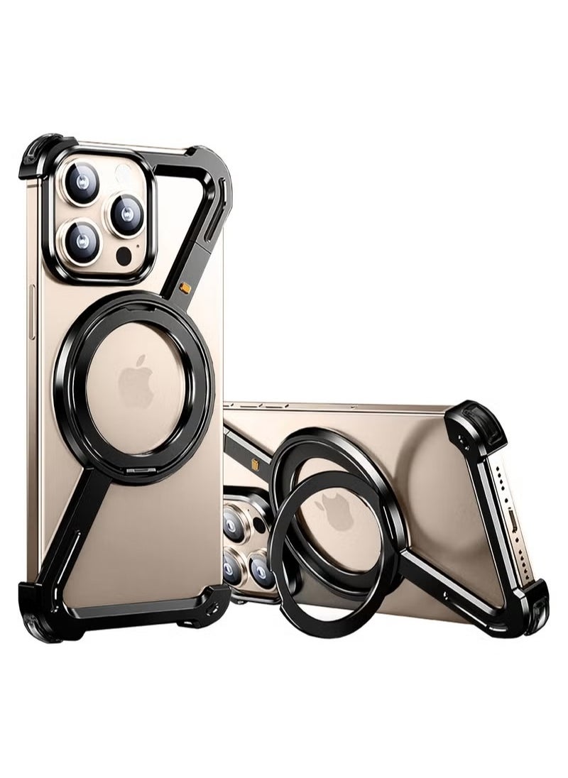 Generic - iPhone 16 Pro Max Case with 360° Rotating Kickstand | Frameless Aluminum Design Bumper Z Case | Shockproof, MagSafe Compatible, Metal Slim Protective Shell Suitable for Black Titanium - Image 1