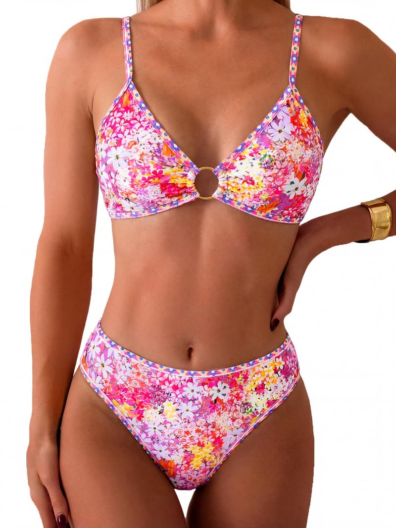 Tainehs Women's Two Piece Bikini Sets O Ring Front Top Ditsy Floral Triangle Swimsuits Cheeky Bathing Suit - Image 1