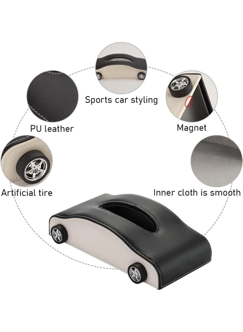 JUE-FISH Car-Shaped Tissue Box Holder, PU Leather Tissue Case with Anti-Slip Base, Auto Interior Organizer Napkin Holder, Luxury Car Accessories for Dashboard (Black and red) - Image 3