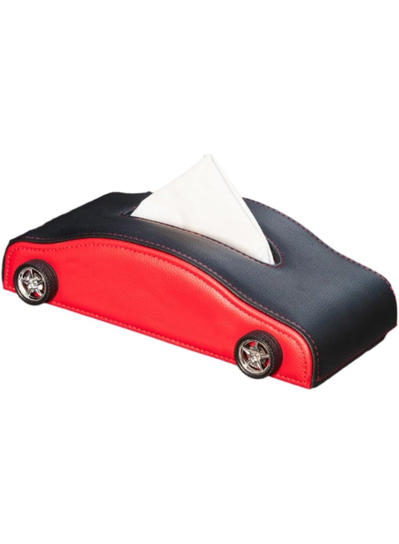 JUE-FISH Car-Shaped Tissue Box Holder, PU Leather Tissue Case with Anti-Slip Base, Auto Interior Organizer Napkin Holder, Luxury Car Accessories for Dashboard (Black and red) - Image 1