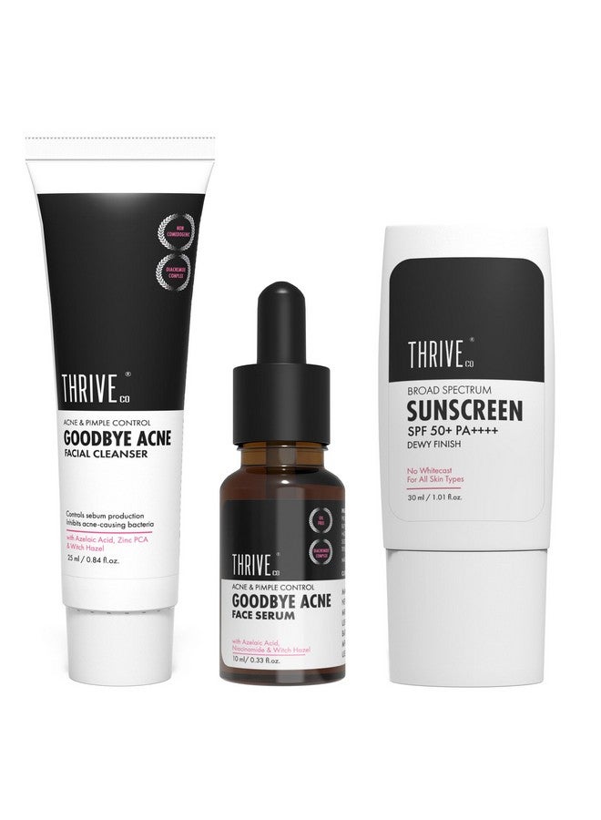 THRIVECO Acne-Free Sun Defense Kit | Sunscreen (30Ml), Anti-Acne Serum (10Ml) & Face Wash (25Ml) | Treats Acne, & Acne Marks | Spf 50 Pa++++ | Zero White Cast | Travel-Friendly | For Men And Women