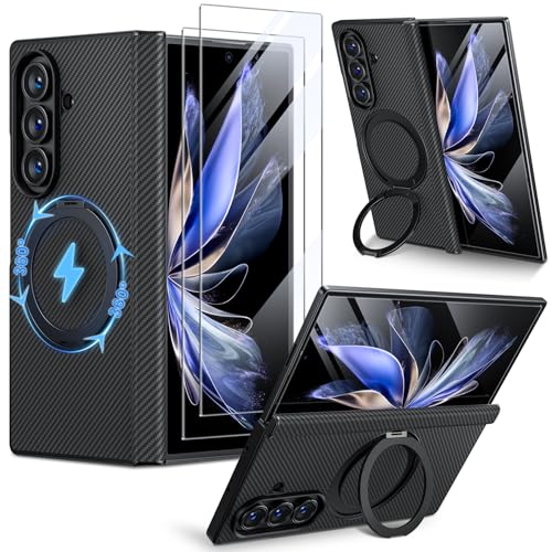 Hoerrye for Samsung Galxy Z fold 7 Case - Compatible with MagSafe [2Pcs Screen Protector] [Military-Grade Drop Protection] Carbon Fiber Magnetic Cover with 360° Adjustable Stand, Black - Image 1
