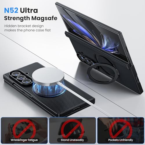 Hoerrye for Samsung Galxy Z fold 7 Case - Compatible with MagSafe [2Pcs Screen Protector] [Military-Grade Drop Protection] Carbon Fiber Magnetic Cover with 360° Adjustable Stand, Black - Image 5