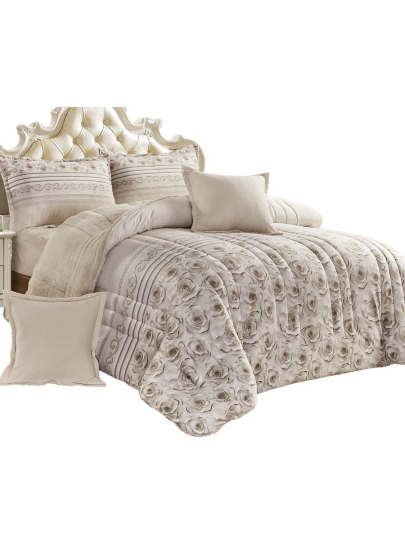 مون مفرش شتوي نفرين نظام وجهين وجه مخمل وجه فرو - طقم مفارش 6 قطع ( 1 مفرش + 1 واقي مرتبة مطاط + 4 أغطية وسائد ديكورية ) - Image 4