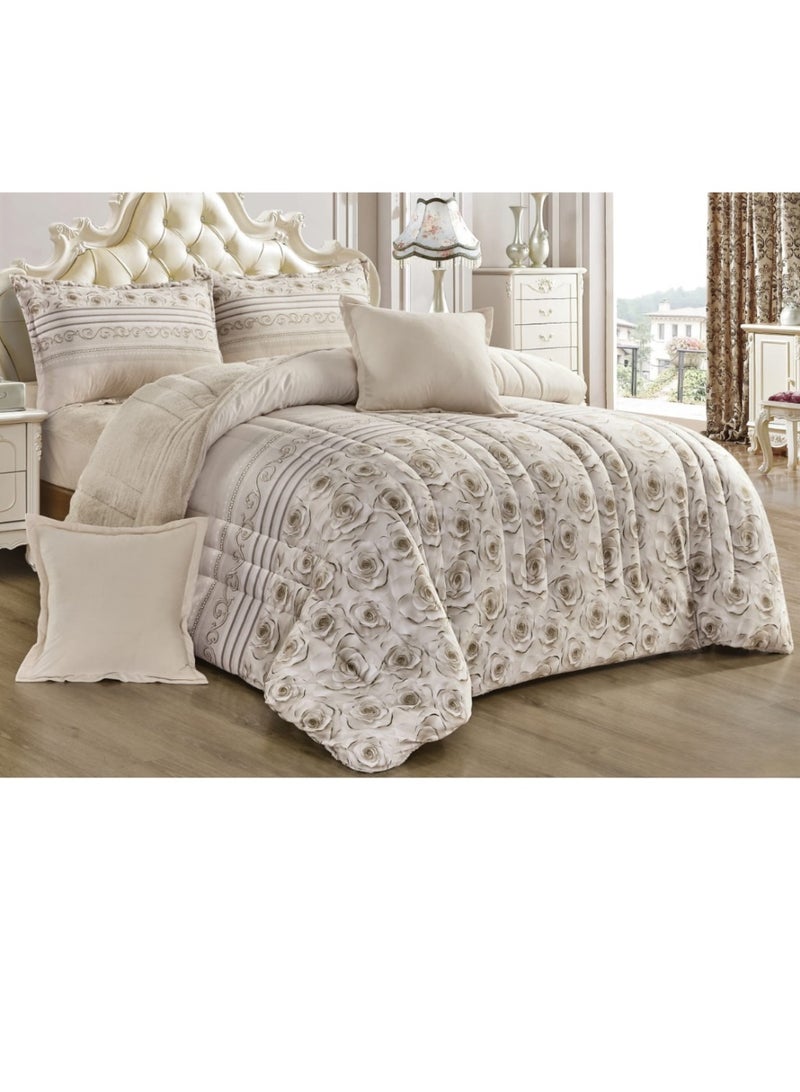 مون مفرش شتوي نفرين نظام وجهين وجه مخمل وجه فرو - طقم مفارش 6 قطع ( 1 مفرش + 1 واقي مرتبة مطاط + 4 أغطية وسائد ديكورية ) - Image 1