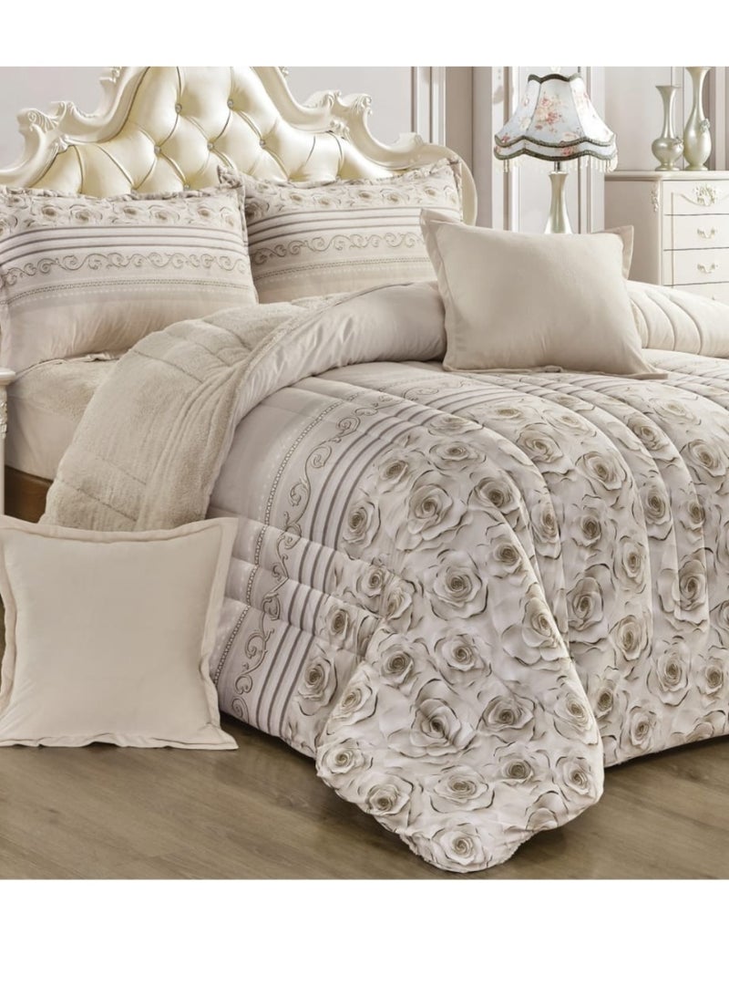 مون مفرش شتوي نفرين نظام وجهين وجه مخمل وجه فرو - طقم مفارش 6 قطع ( 1 مفرش + 1 واقي مرتبة مطاط + 4 أغطية وسائد ديكورية ) - Image 2